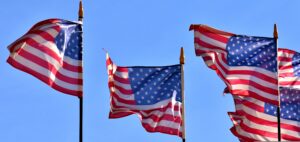 A group of American flags flying